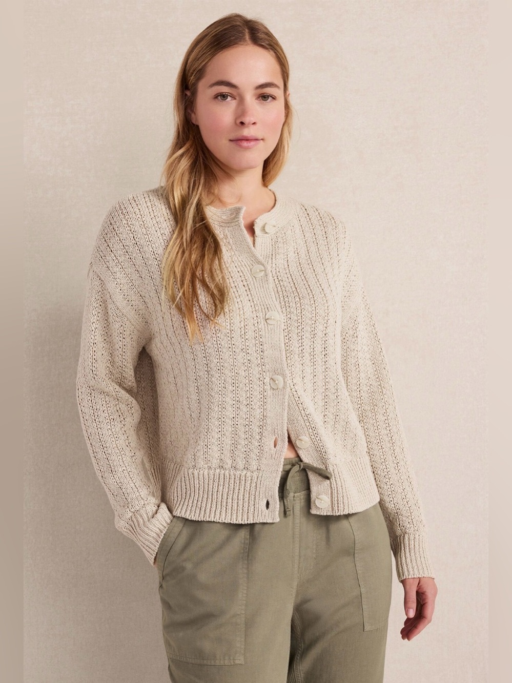 Haven Well Within Linen Tape Yarn Cardigan Size Large Button Front Natural